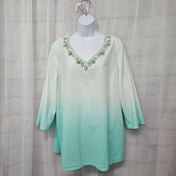 Krazy Kat Green Ombre Beaded Blouse Peasant Hippie Beach Festival L - Picture 1 of 12